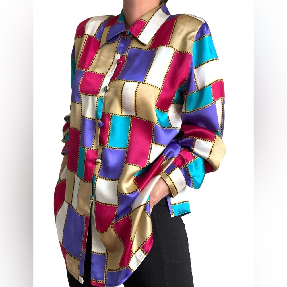 Vtg Satin Shiny Y2K Button Up Office Geometric Print Blouse Size M-XL oversized